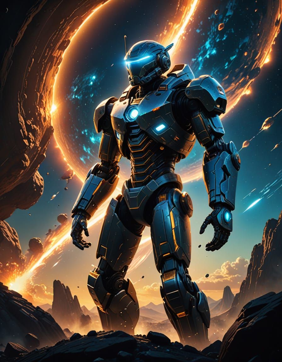 Android Gazes at Golden Star on Asteroid