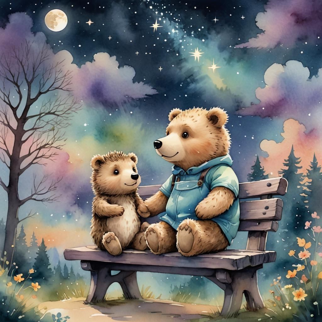 A teddy bear and a Hedgehog are sitting on a bench and counting the stars