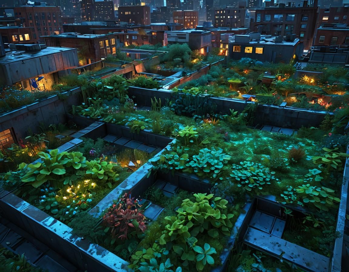 Biopunk Rooftop Garden with Bioluminescent Flora