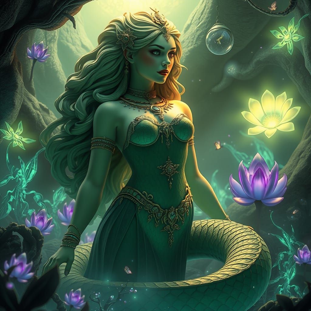 Mystical Serpent Woman in Bioluminescent Environment