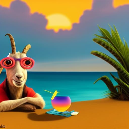 Goat on Beach at Sunset: 3D Digital Art