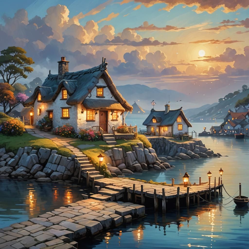 Whimsical Cottage on Harbour Pier in Oil Painting Style
