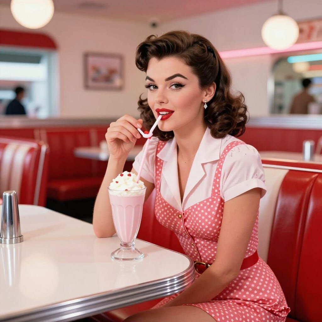 1950s Diner Pin-Up Girl Enjoying a Milkshake