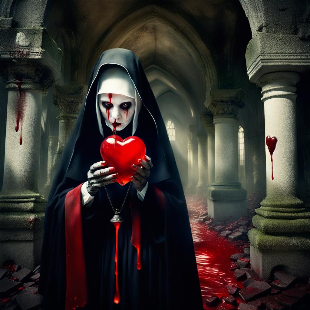 Sinister Nun Kissing a Dripping Heart