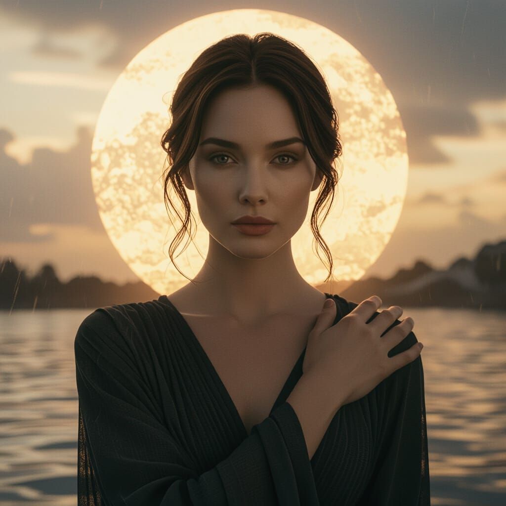 Serene Woman Embracing Elements in Atmospheric Landscape