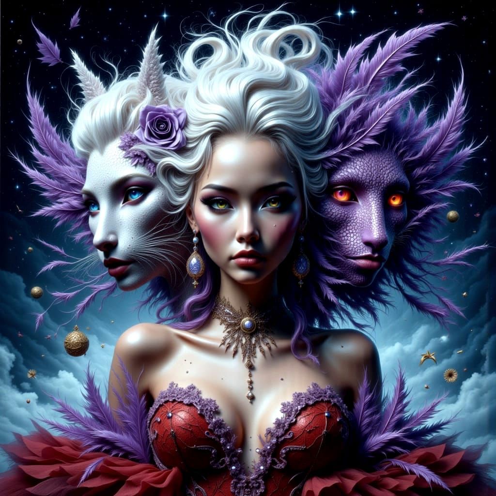 "Trinity of Realms: The Enchantress and Her Dual Spirits"
