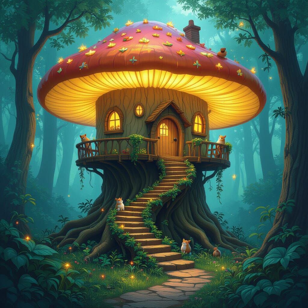 Whimsical Treehouse in Glowing Mushroom Forest