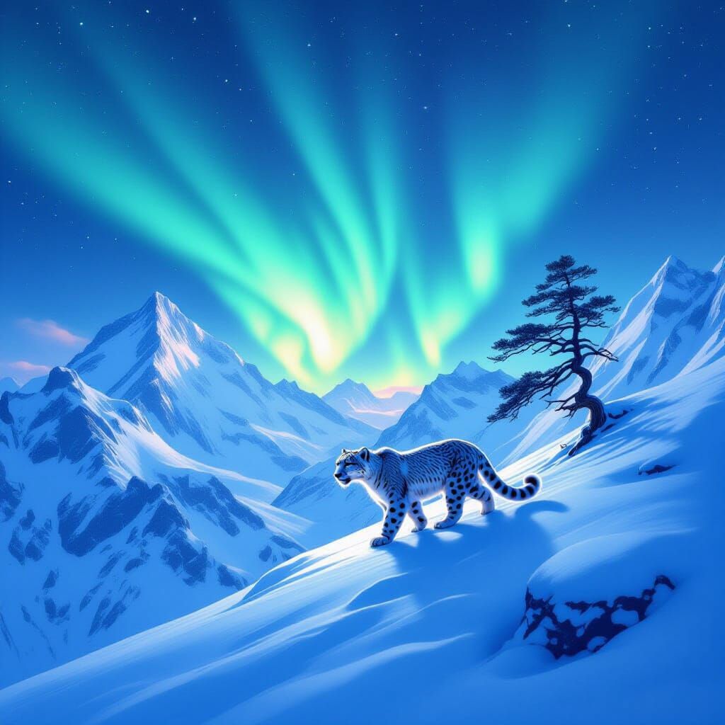Snow Leopard on Mountain Ridge Under Aurora