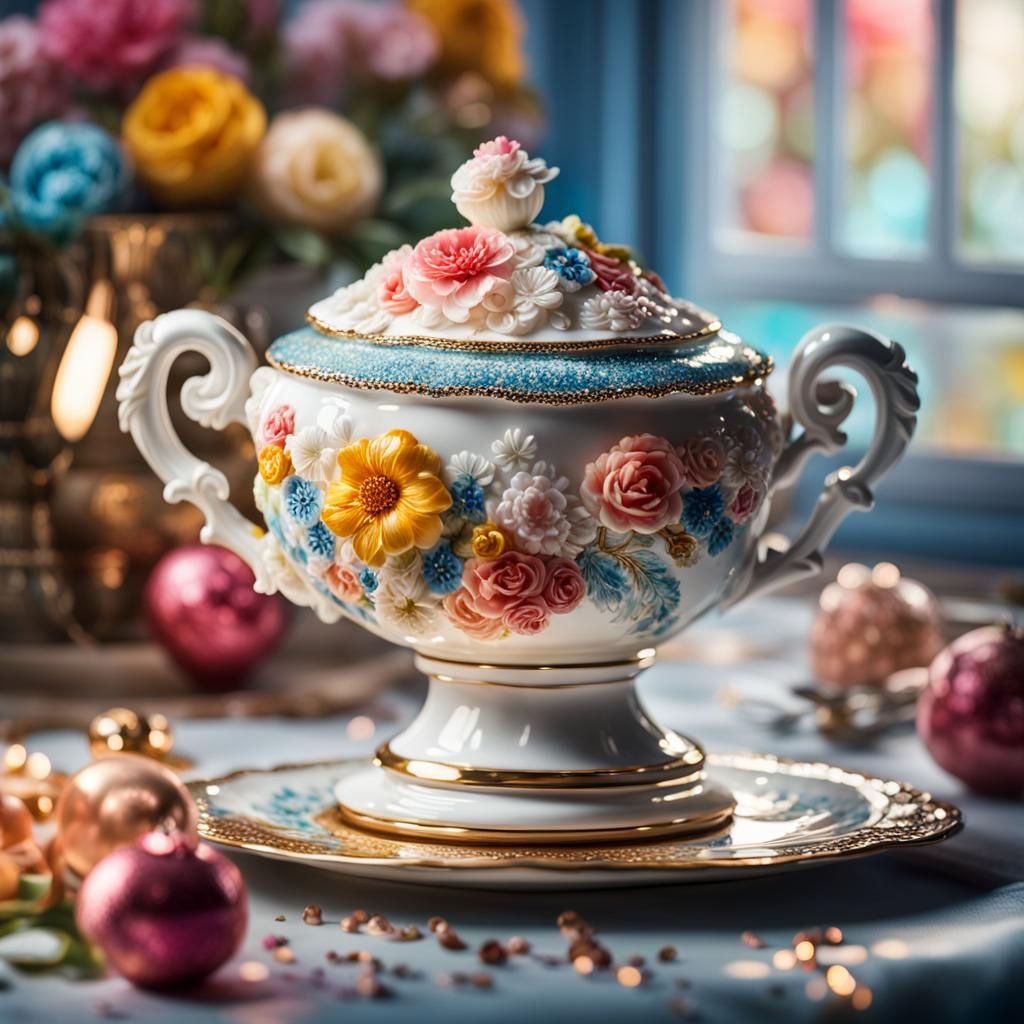 Porcelain Sugar Bowl with Flowers, Hyperrealistic Photograph...