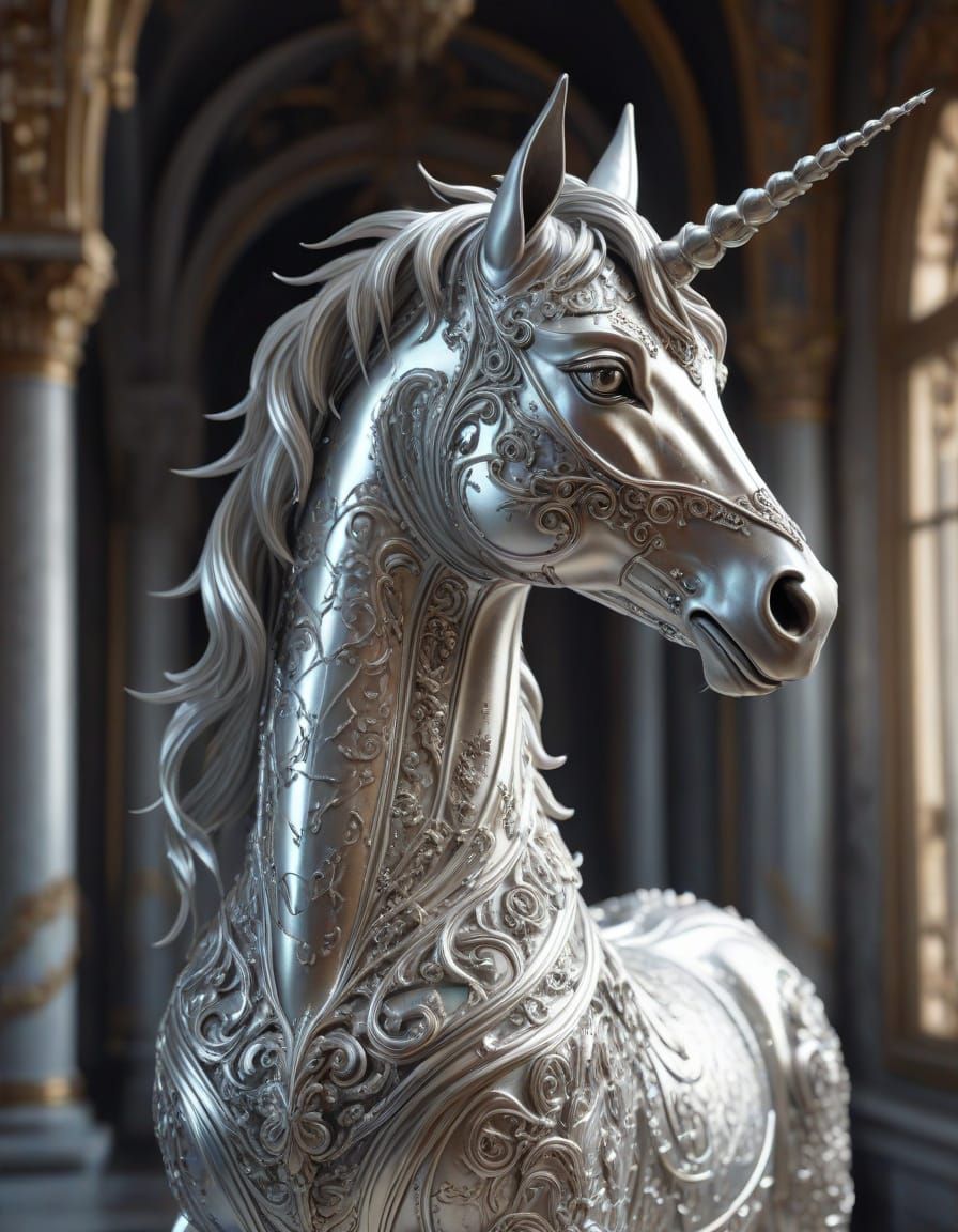 Shimmering Silver Mechanical Unicorn in Ethereal Hall of the...