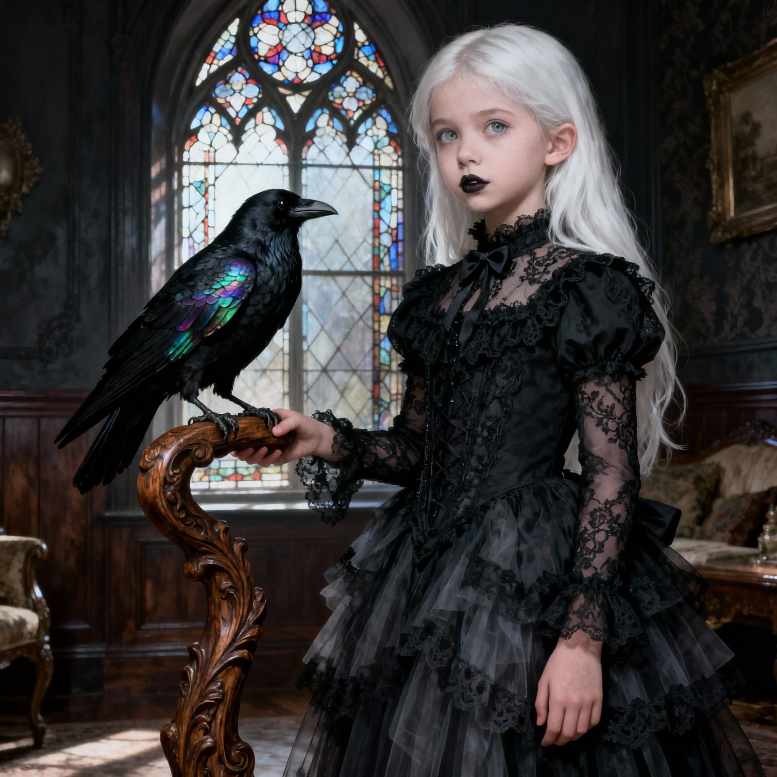 Victorian Girl & Raven Gothic Window Portrait