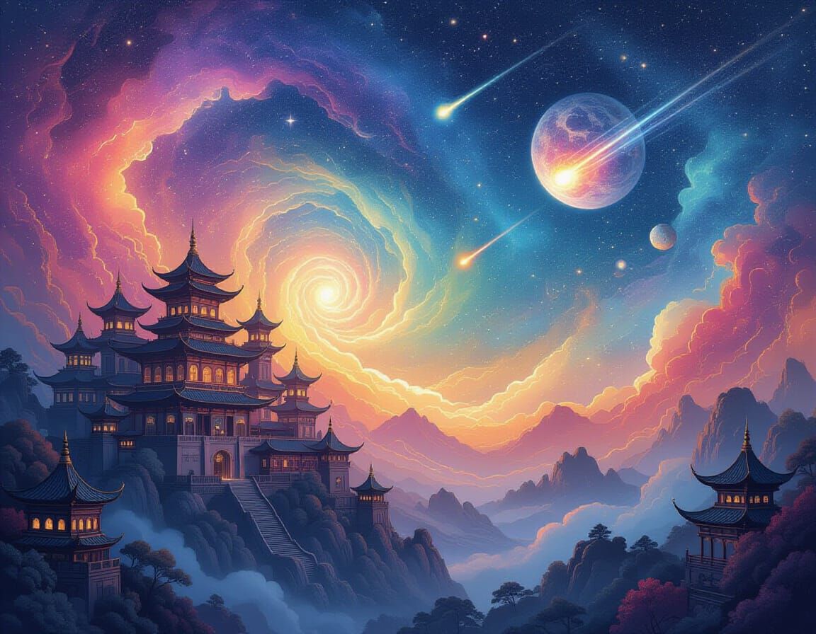 Cosmic Nebulae Over Fairytale Realm: Watercolor Art