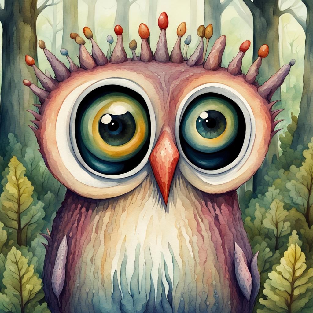 Zany Whimsical Atypical Distinctive Odd Forest Creature :: Quirky Folk Style :: Enhanced Detail Big Eyes:: Watercolor Il...