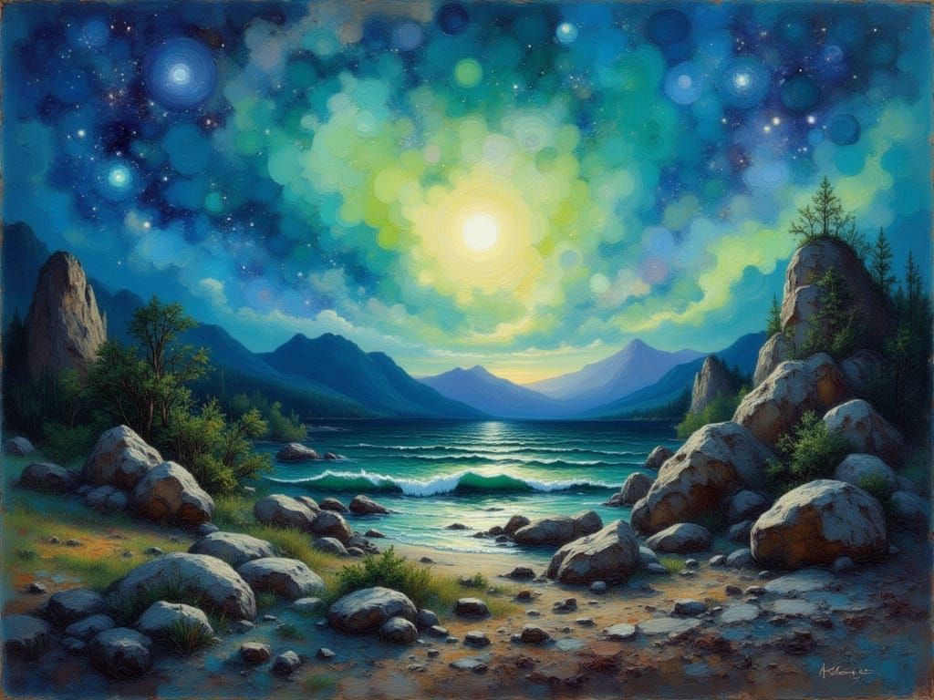 Northern Lights Landscape in Vibrant Impasto Oil Painting