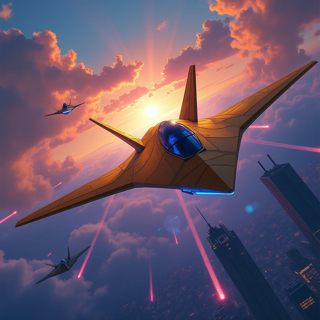 Golden Stealth Airplanes Engage in Futuristic Dogfight