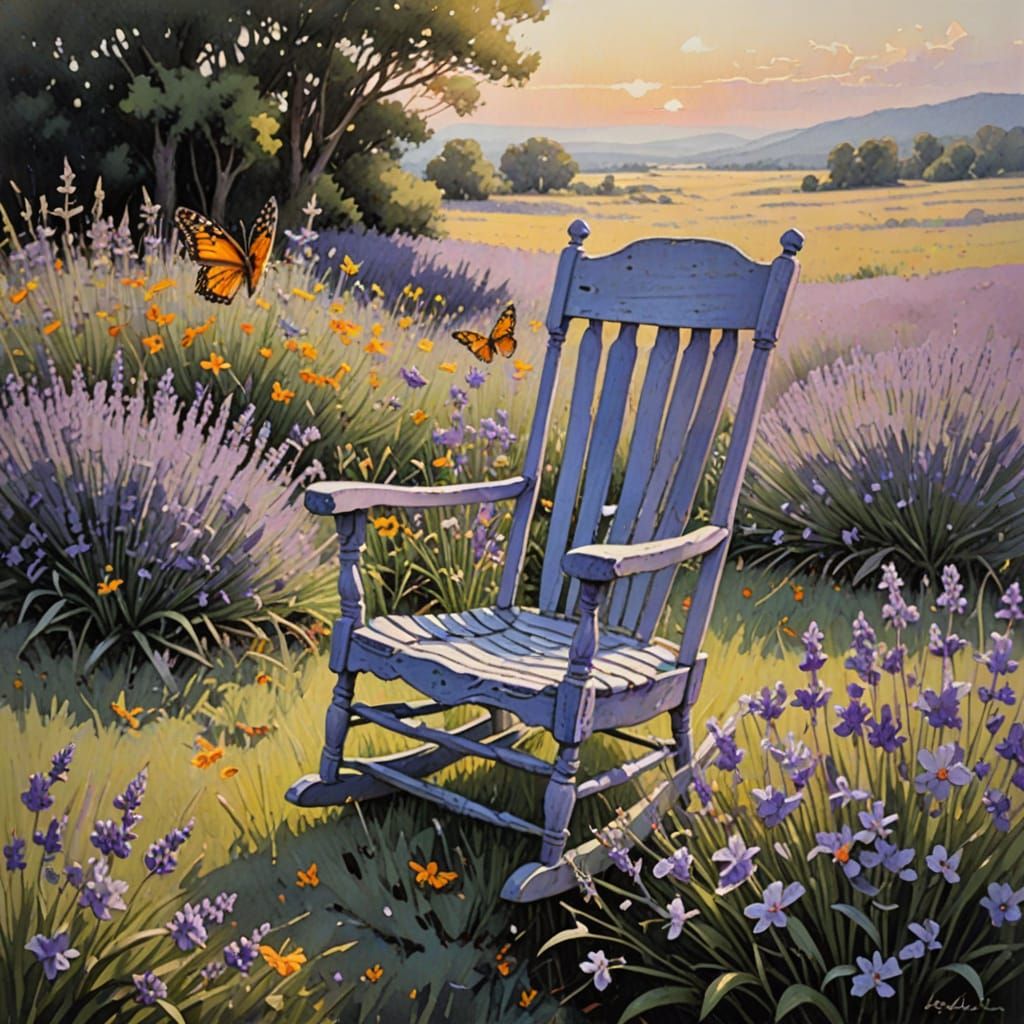 Rocking Chair in Dawn Meadow, Watercolor Painting
