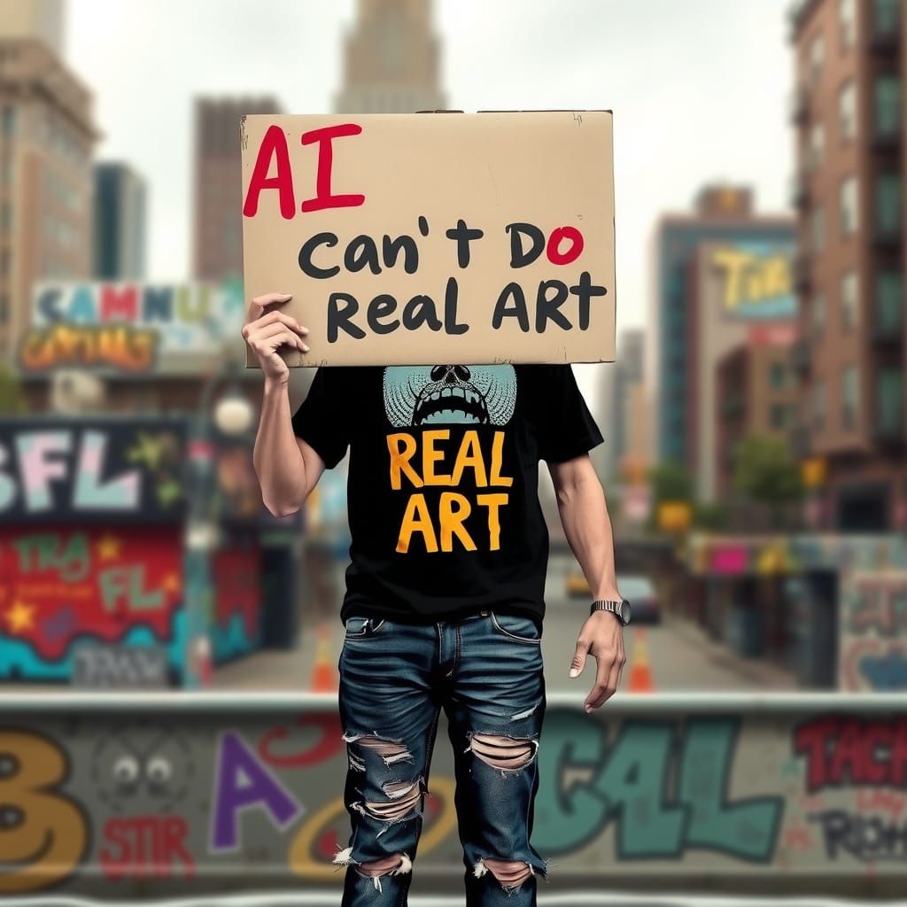Defiant Protester Challenges AI's Creative Claims in Gritty ...