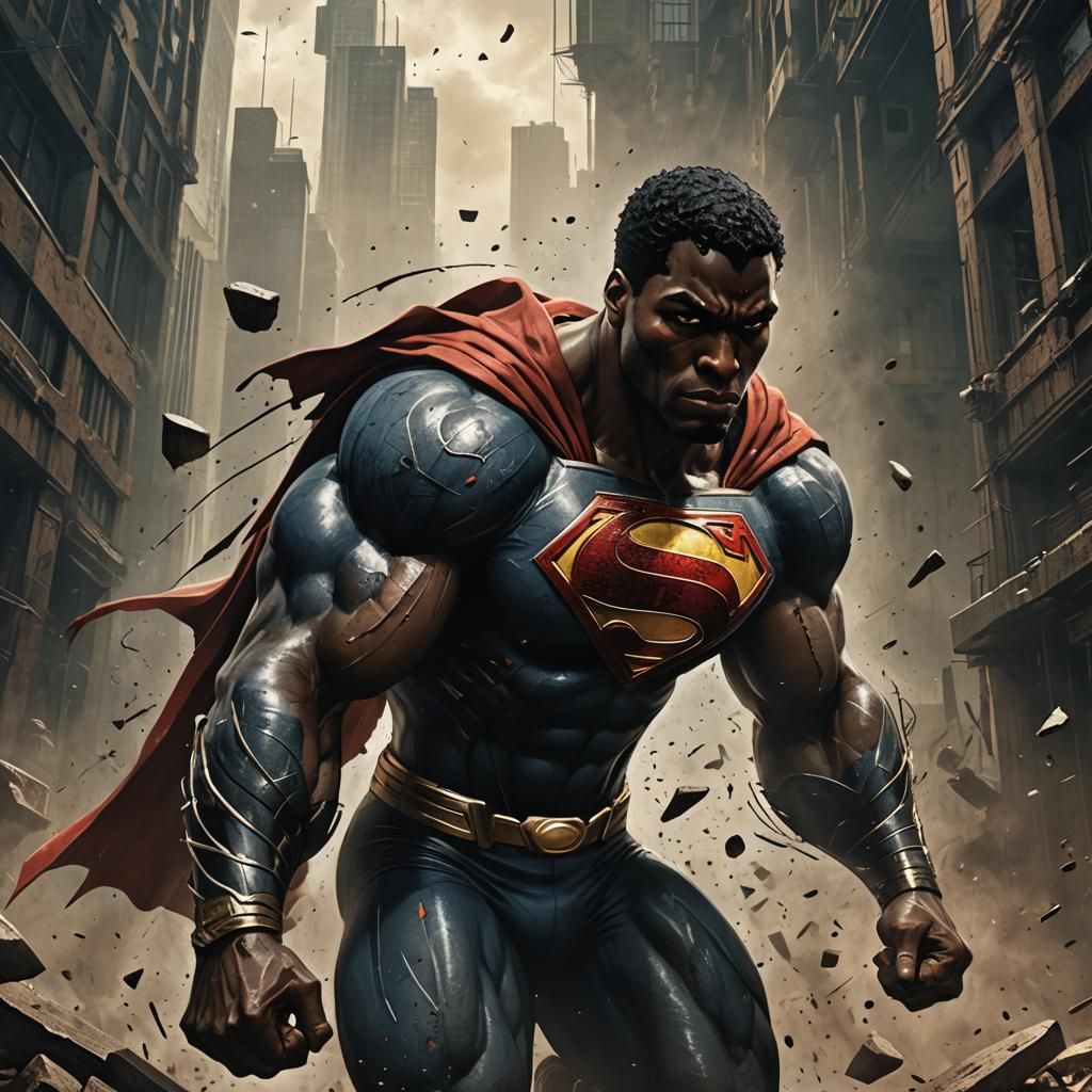 "A Dave McKean style comic illustration of Black Superman, h...