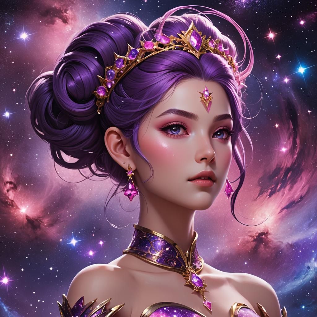 Princess Astraea: Cosmic Ruler Emerging from Star-Strewn Voi...