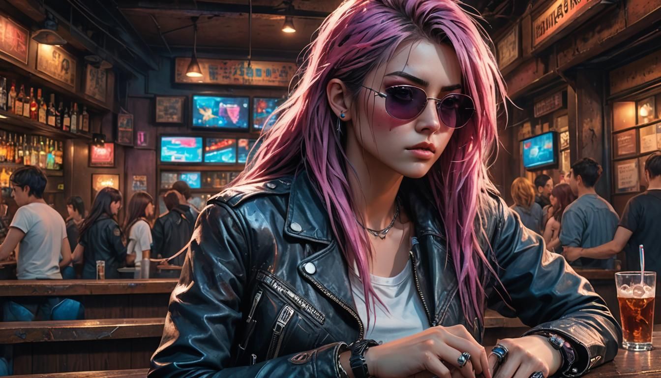 Anime Anti-Hero in Dystopian Bar: Grunge Surrealism