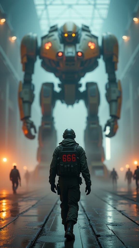 Soldier Confronts Giant Mech in Industrial Hangar