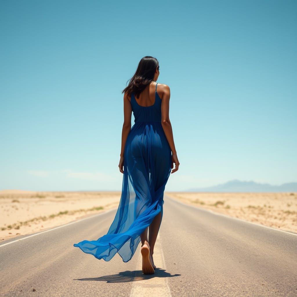 Sultry Woman Walks Alone on Desert Path in Soft Light