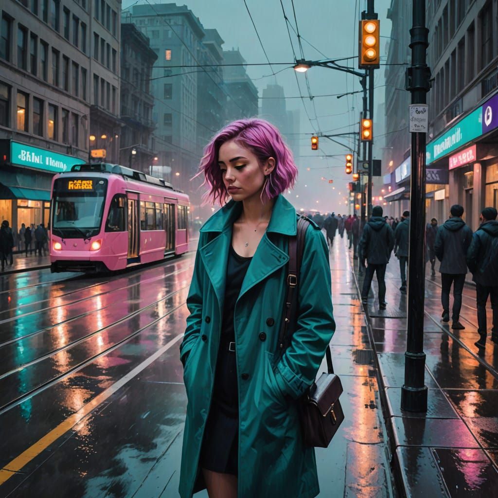 Impressionistic Cityscape with Urban Woman and Approaching T...