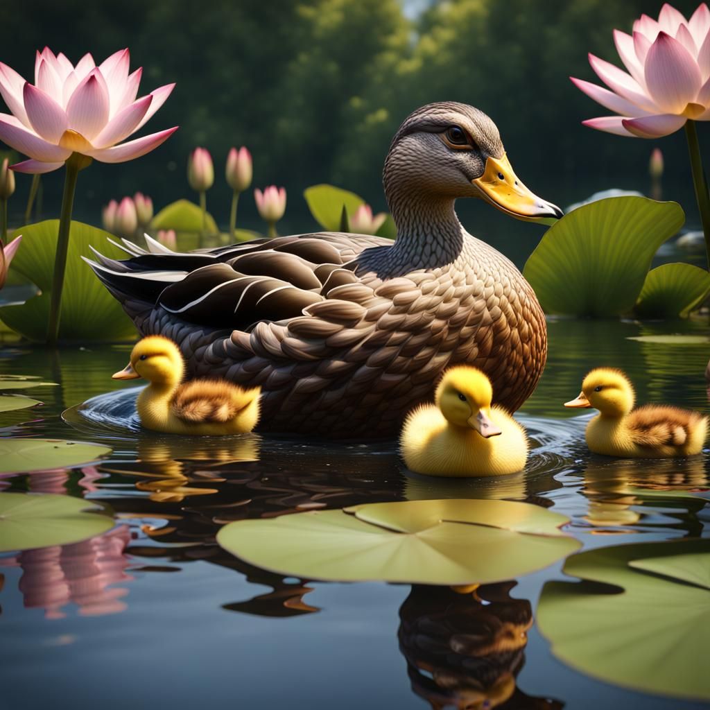 Hyperrealistic Duck and Ducklings in Lotus Pond