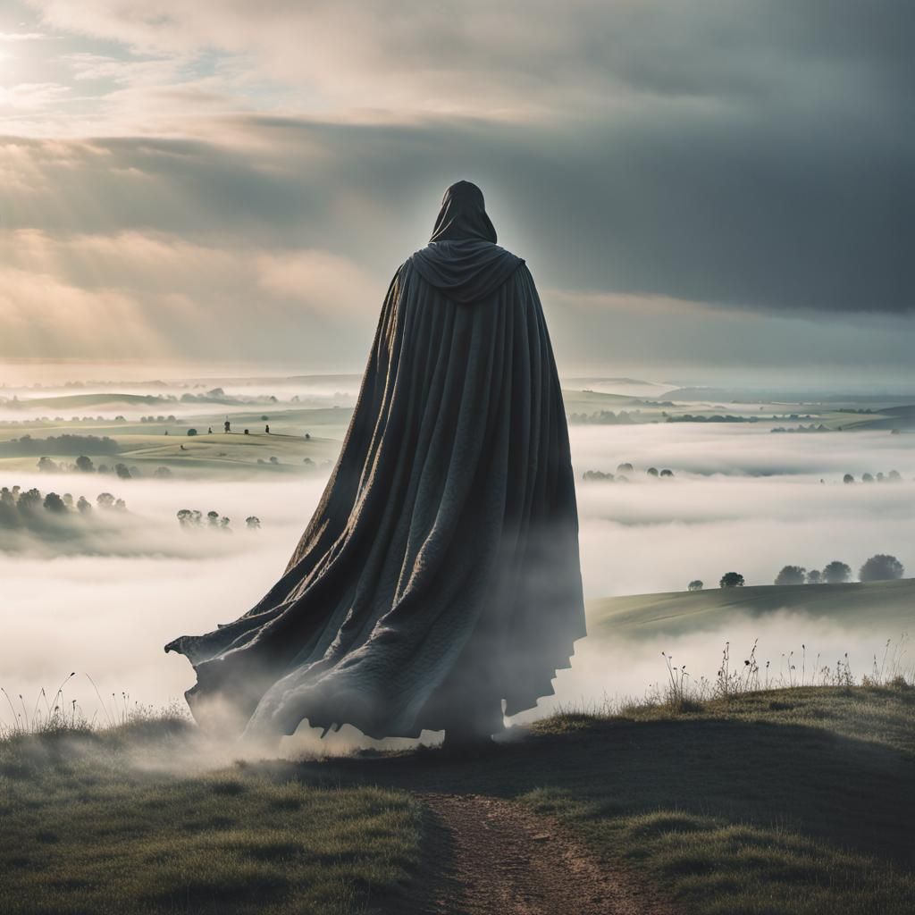 Mysterious Cloaked Figure Amidst Colossal Humanoids