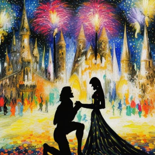 Princess and Knight Silhouettes with Fireworks, Expressionis...