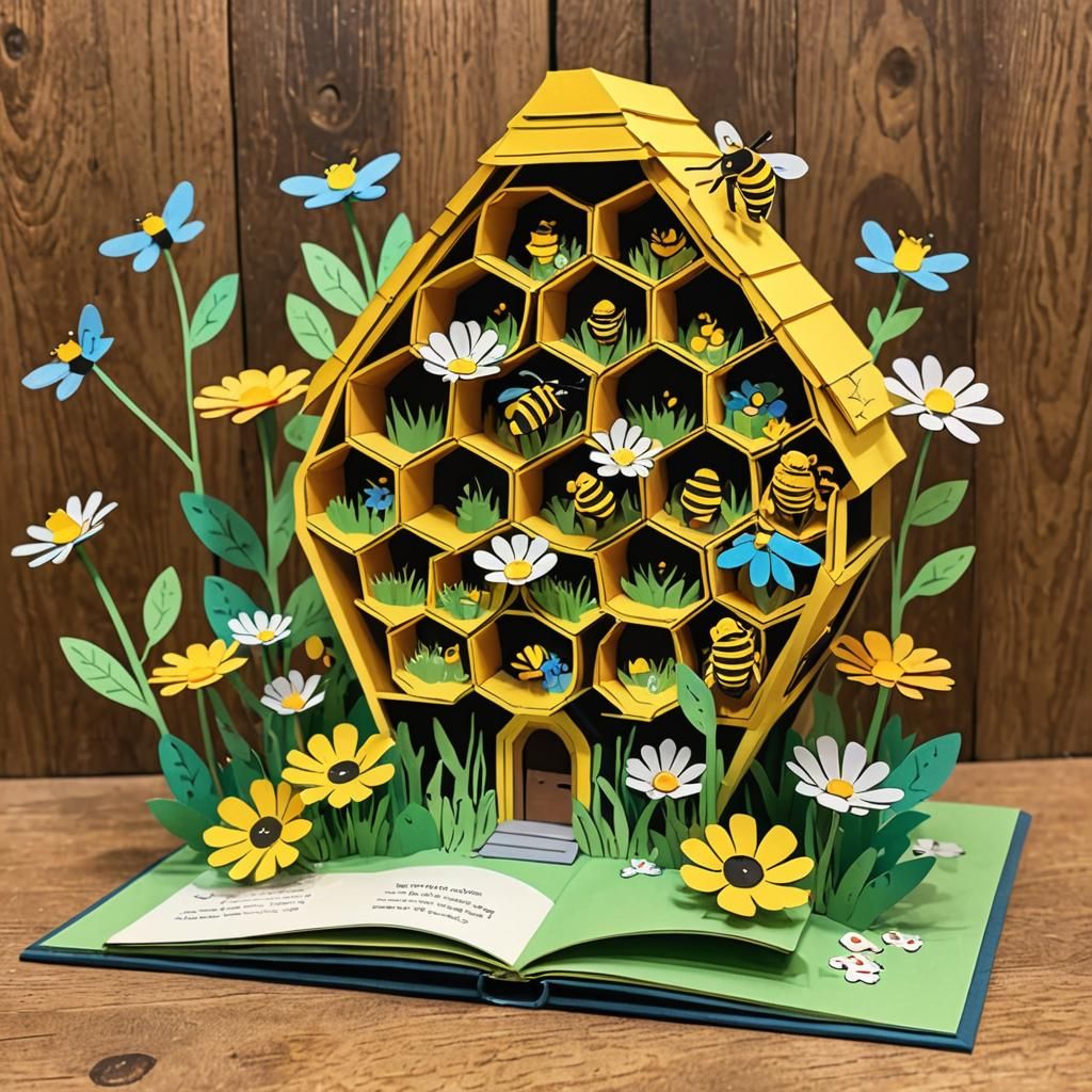 Beehive and Flowers Pop-Up Book Illustration