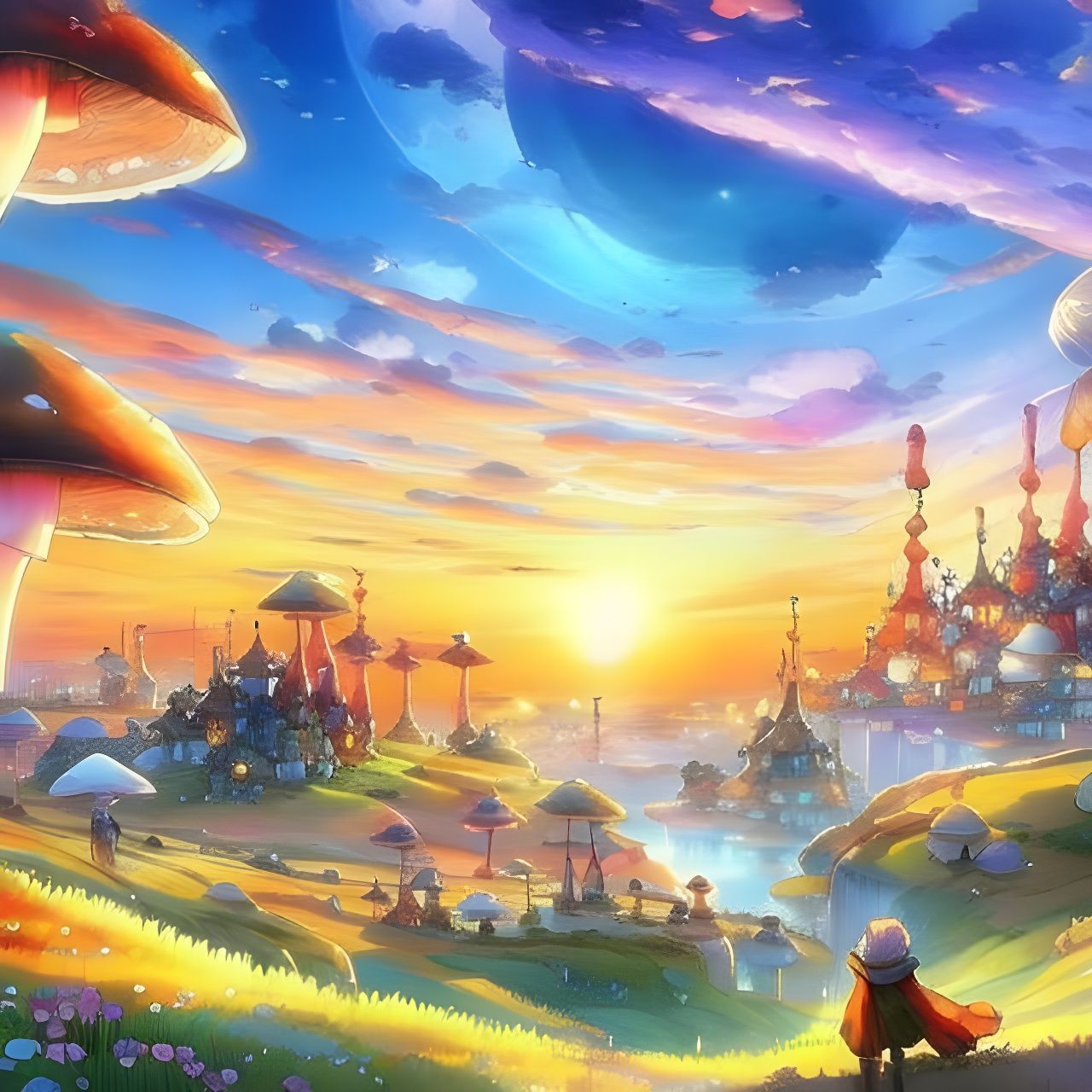 Colorful Fairy Town Anime Landscape at Sunset