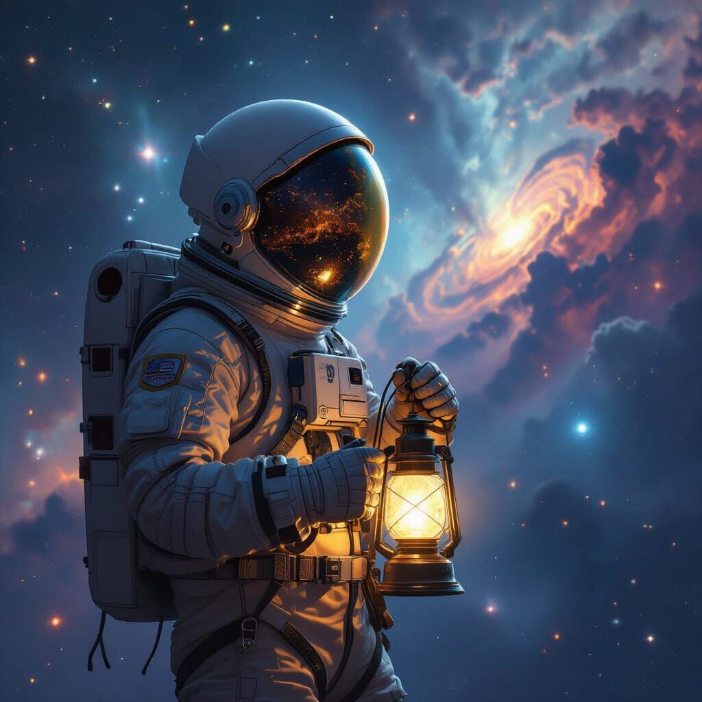 Astronaut's Lantern in Starry Expanse: Digital Painting