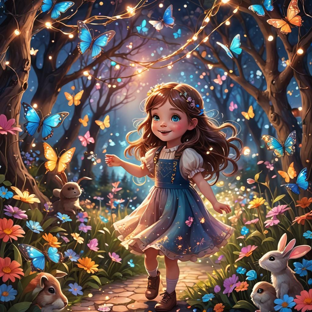Joyful Girl in Whimsical Fantasy Illustration