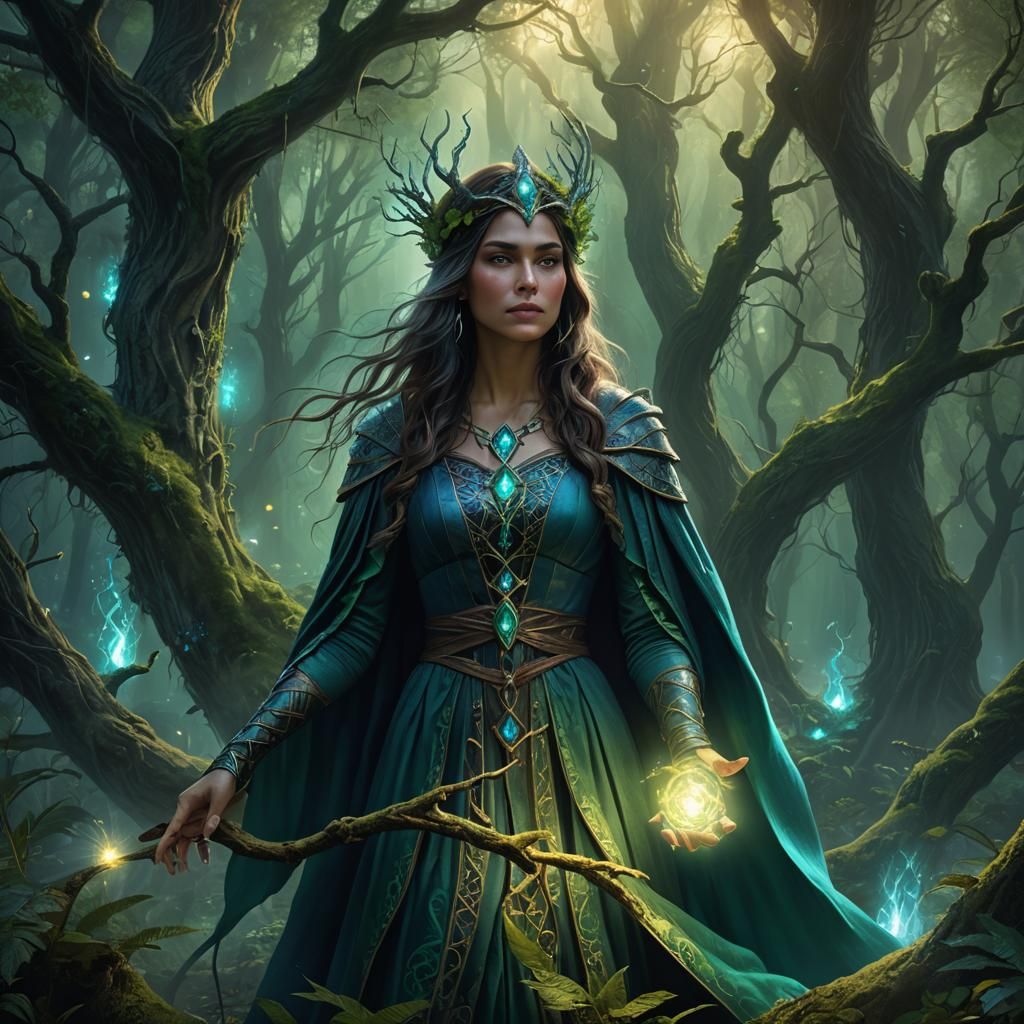 Mystical Forest Sorceress in Art Nouveau Style