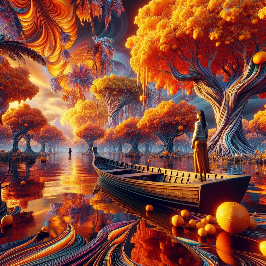 Riverboat Journey Through Tangerine Trees in 3D