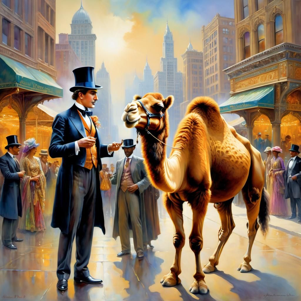 Camel Salesman in Chicago, Figurative Art Style