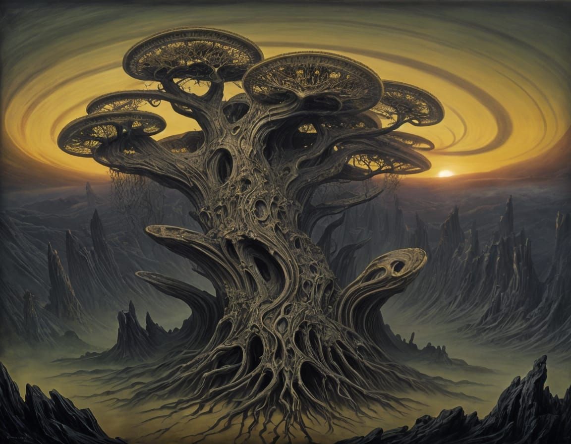 Surreal Tree in Dreamlike Landscape
