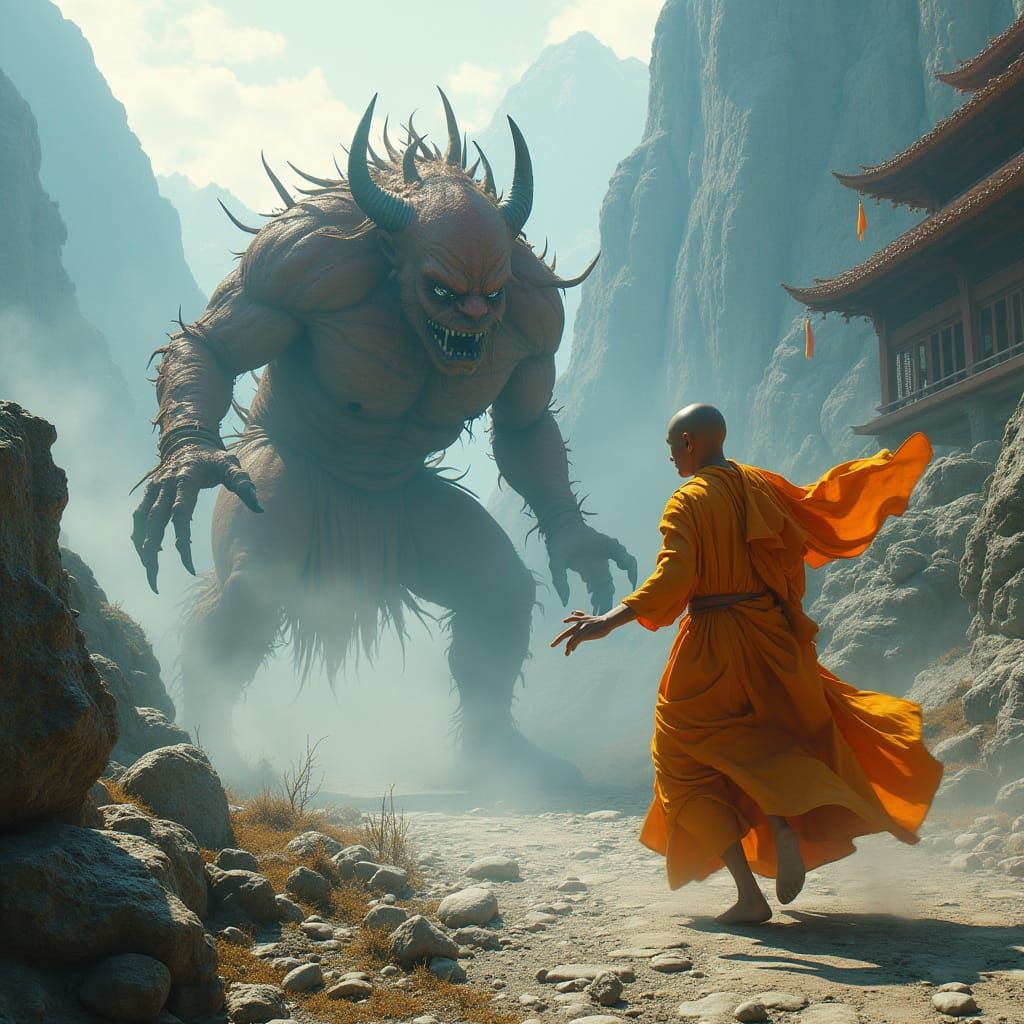 Monk Battles Demon in Hyperrealistic Temple Scene