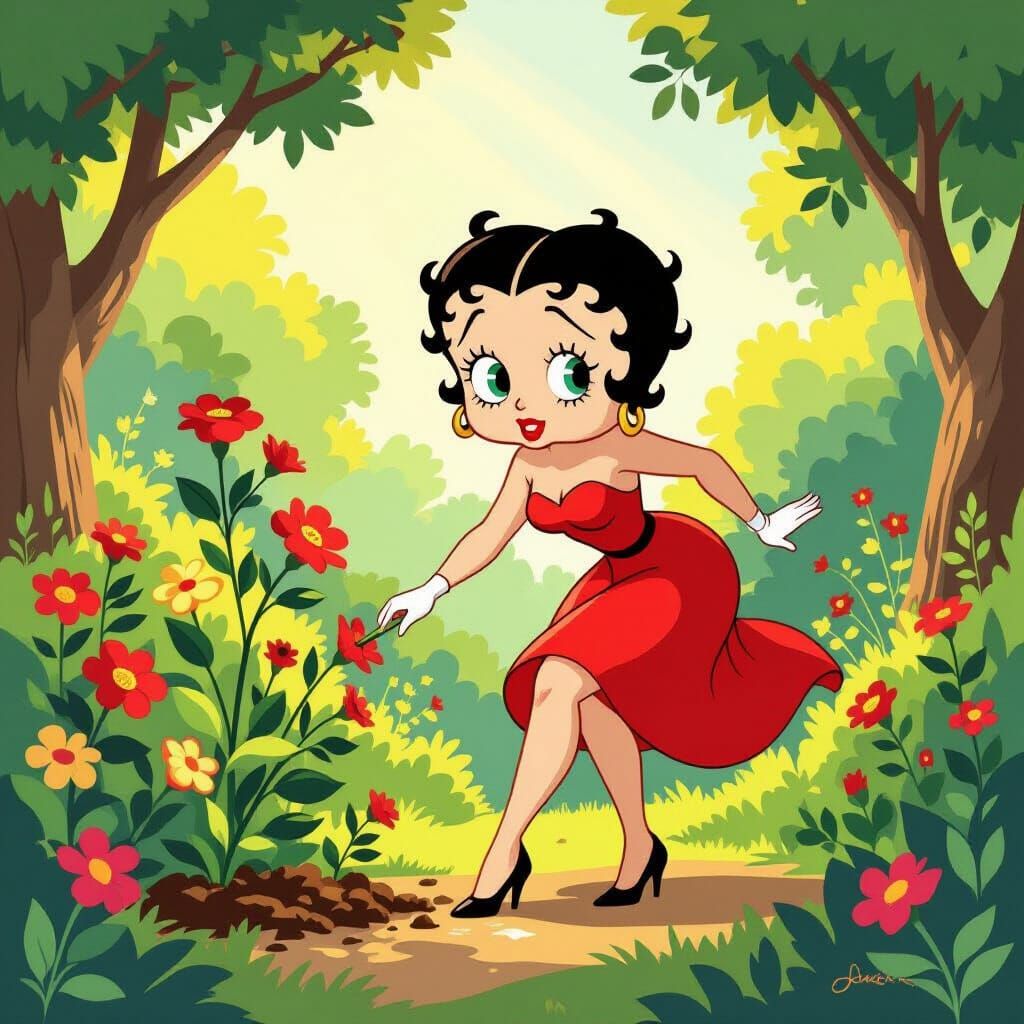 Betty Boop Tends Overgrown Garden in 1930s Cartoon Style