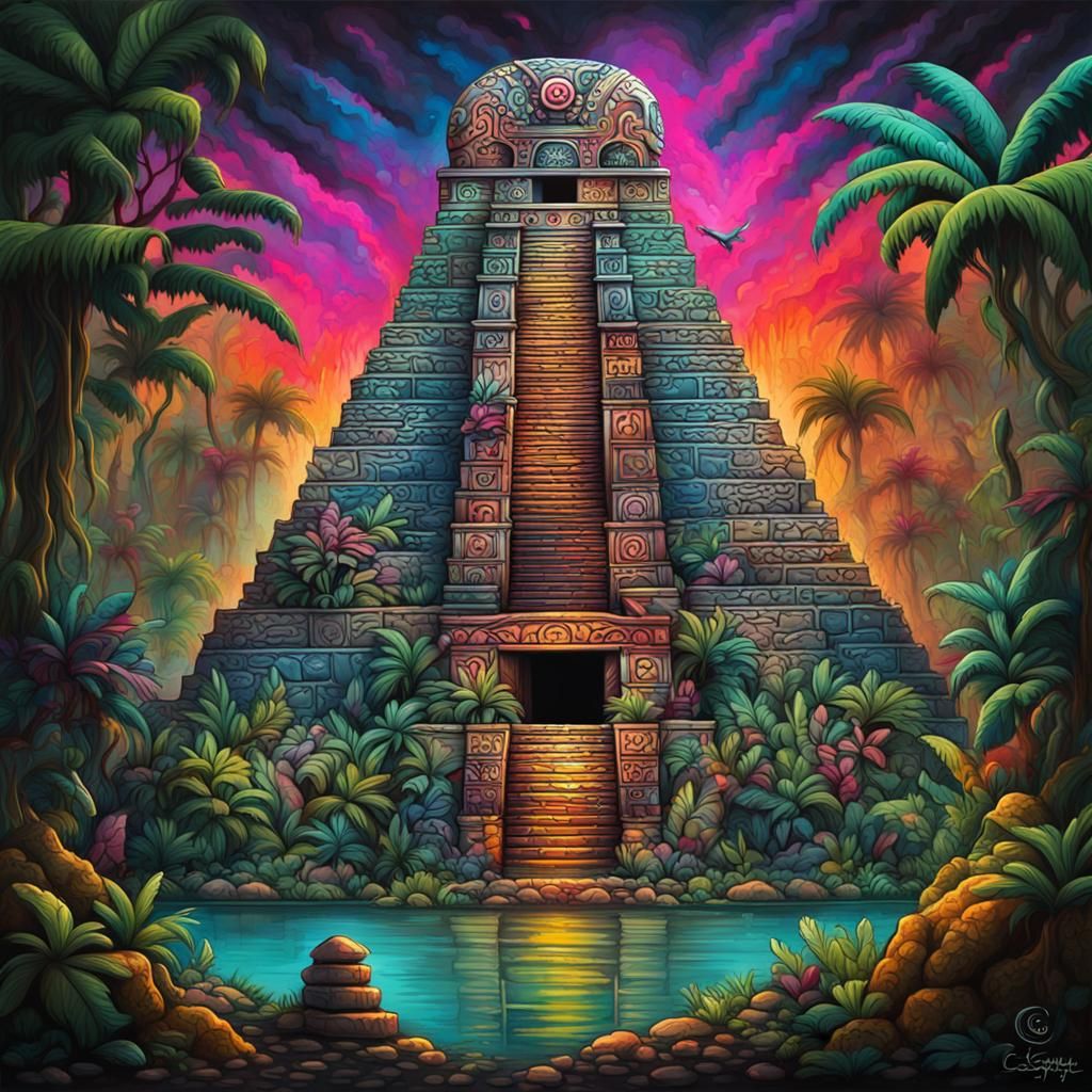 Mayan Temple in Jungle: Graffiti Splash Art