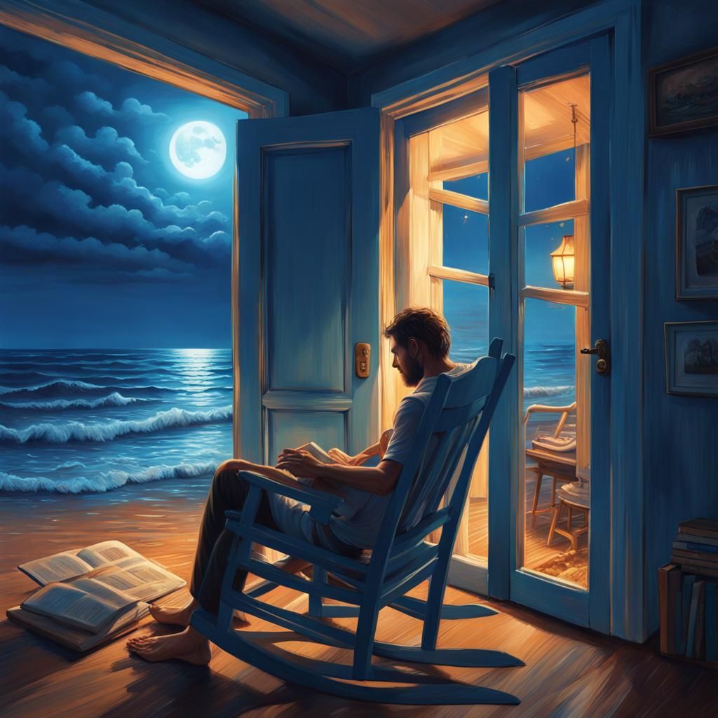 Hyperrealistic Room with Open Door to Moonlit Beach