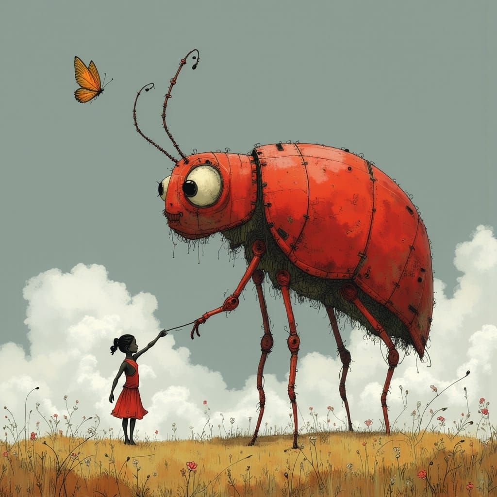 Whimsical Red Bug Chases Butterfly in Dreamlike Landscape