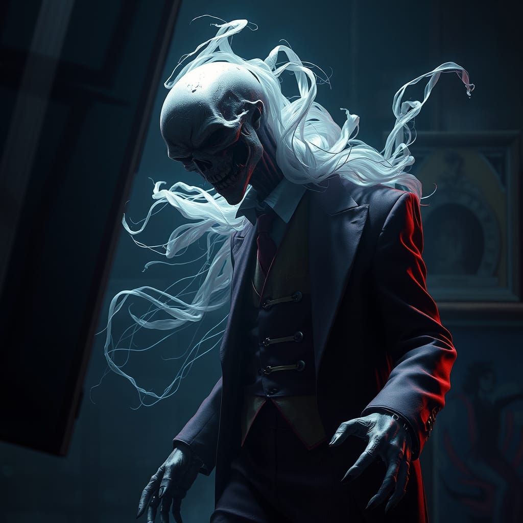 Ghostly Ventriloquist Haunts Shadows in Dark Fantasy Art