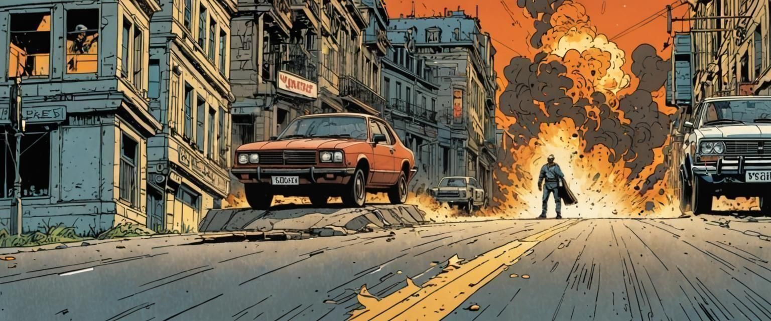 1980s France Car Chase in Comic Book Style