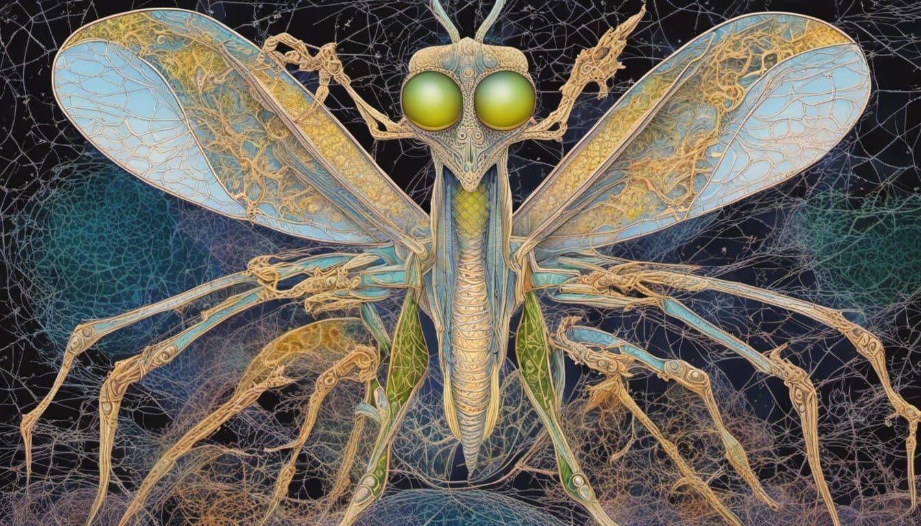 Praying Mantis in Abstract Geometric Landscape