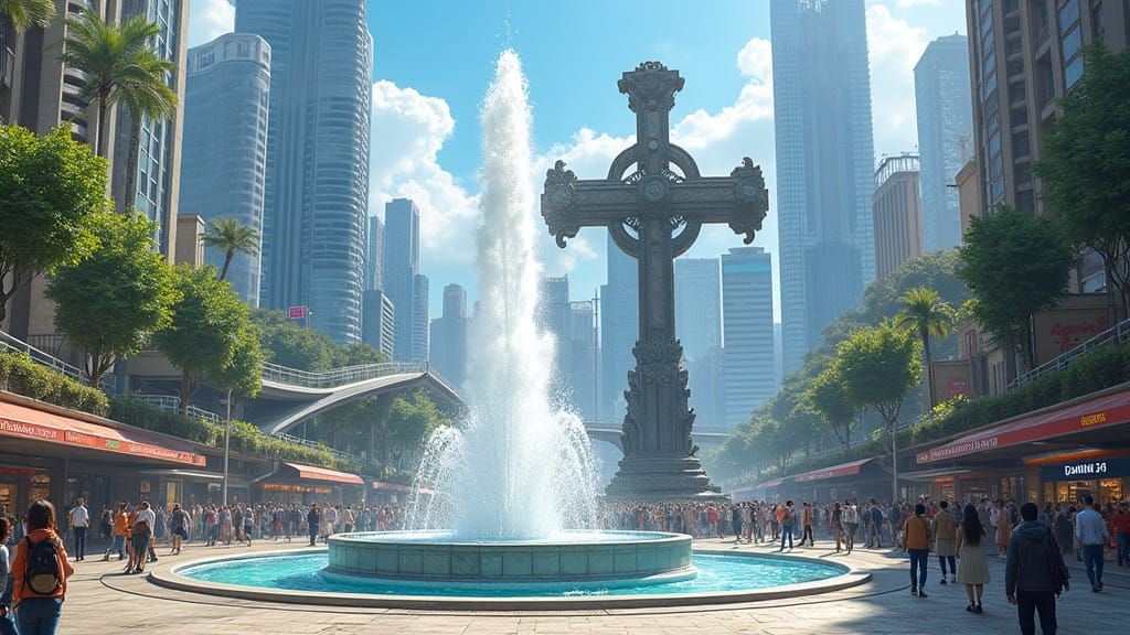 Vibrant Metropolis Centrum with Fountain and Chairlift
