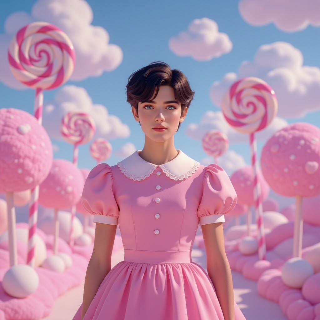 Man in Pink Dress in Candy Dreamscape, Ghibli Style