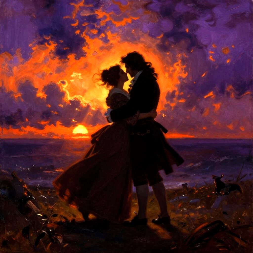 Romantic Painting of Passionate Farewell Amidst Stormy Sunse...
