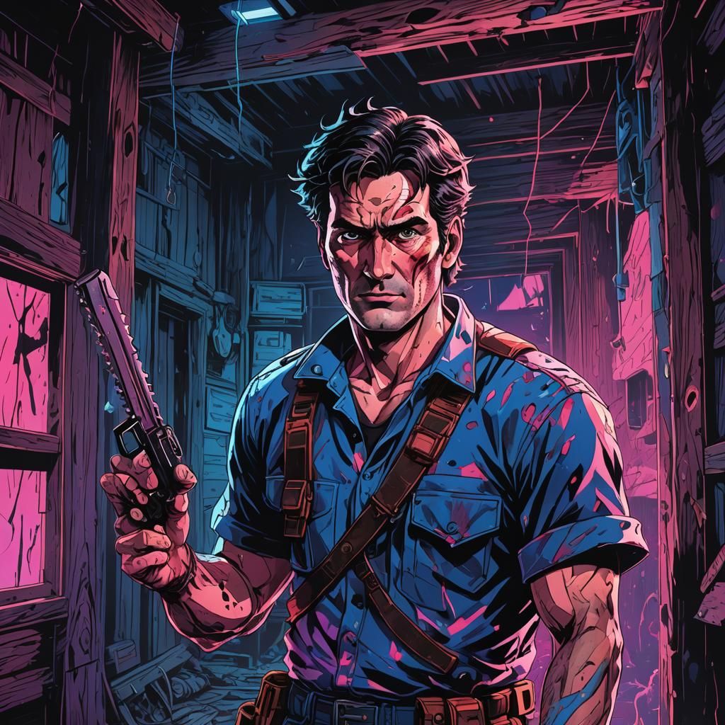Psychedelic Anime Portrait: Ash Williams with Chainsaw
